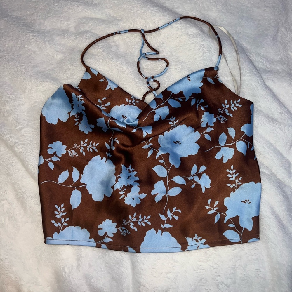 Forever 21 brown and blue silk open back cowl neck top
